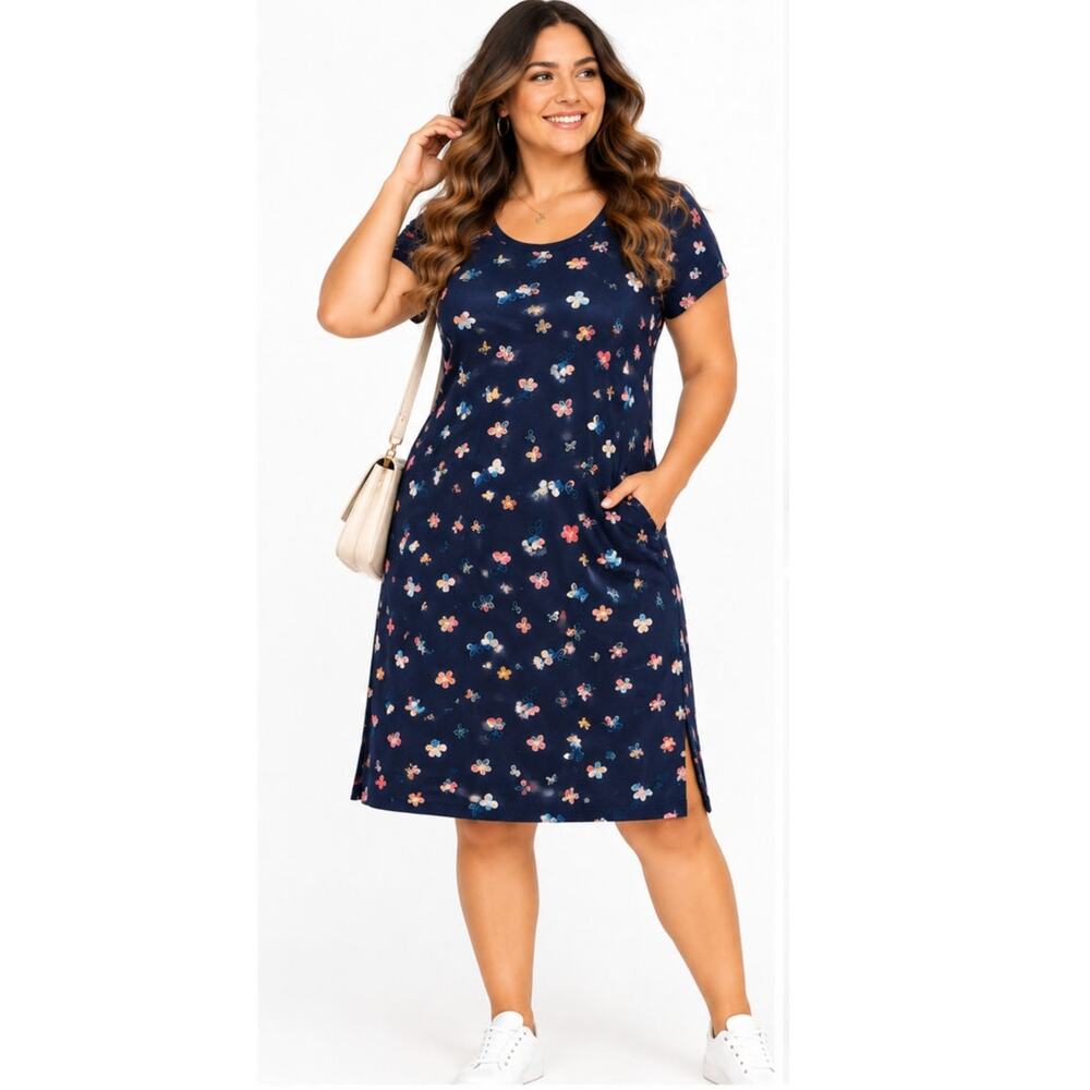 Cuddl Duds Womens Large Navy Floral Lounge Dress Soft Stretch Casual
